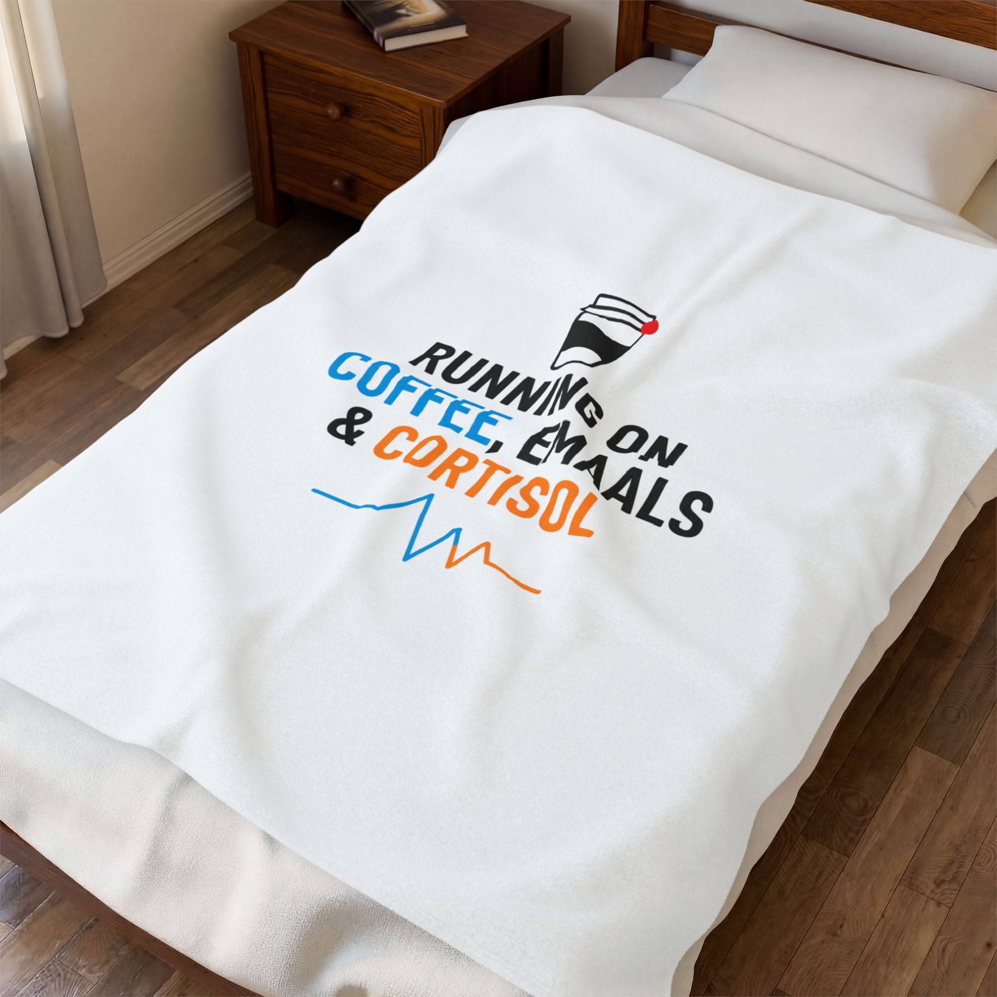 Running on Coffee, Emails & Cortisol Velveteen Blanket | Stress Meme, Burnout Humor