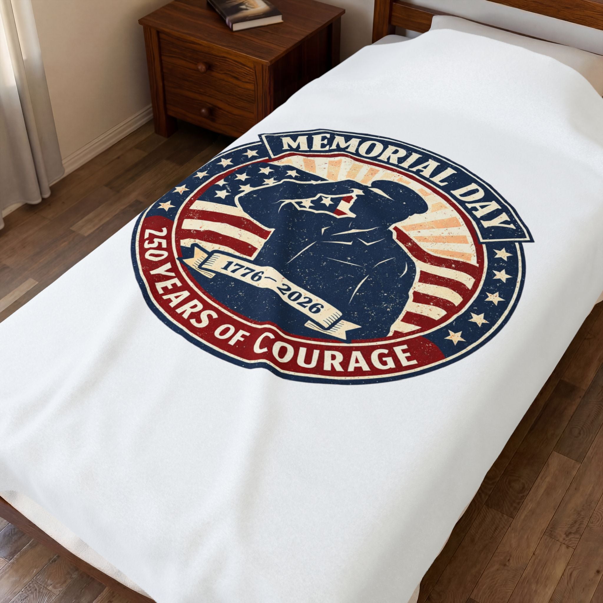 Memorial Day 1776–2026 Velveteen Plush Blanket | USA 250, vintage distressed red white blue