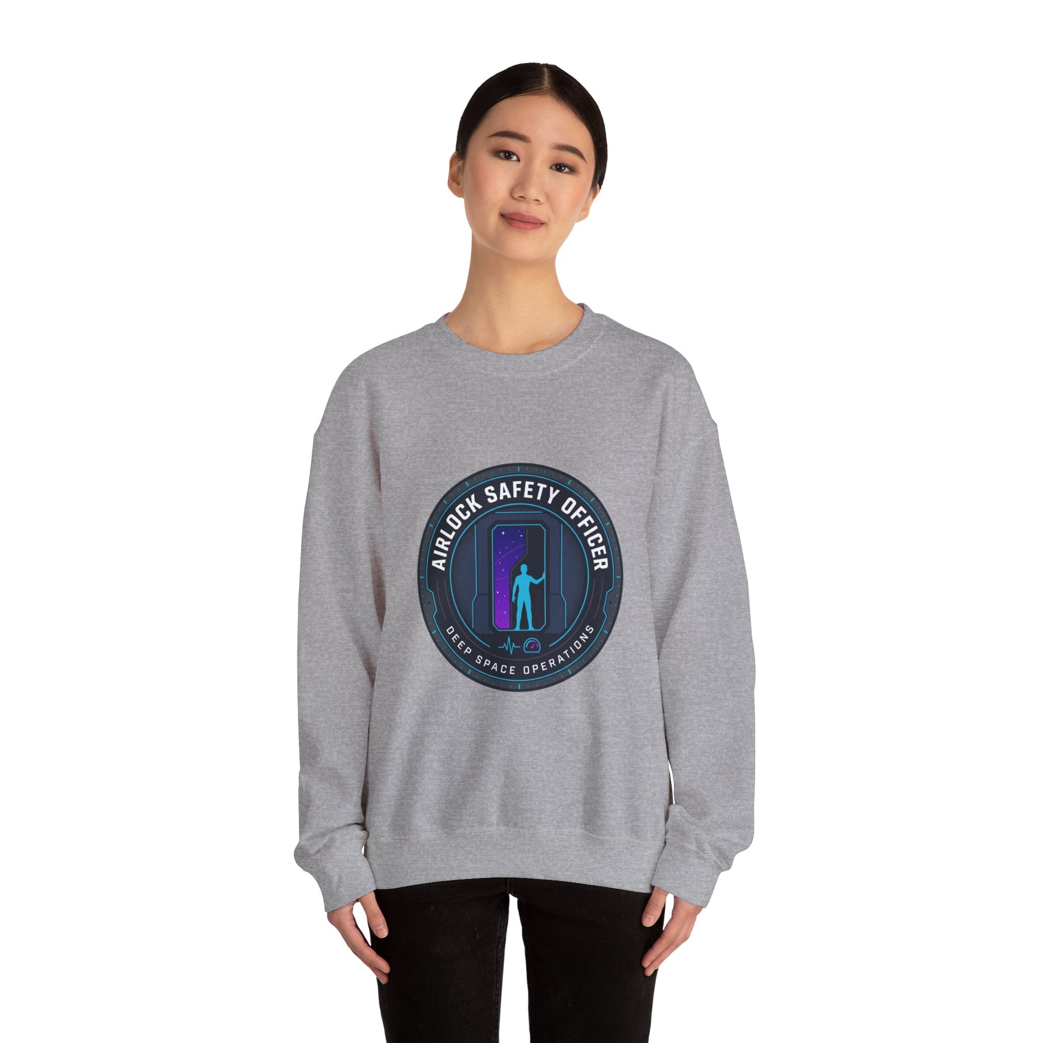 Airlock Safety Officer Crewneck Sweatshirt | hard sci‑fi mission patch, space survival fandom