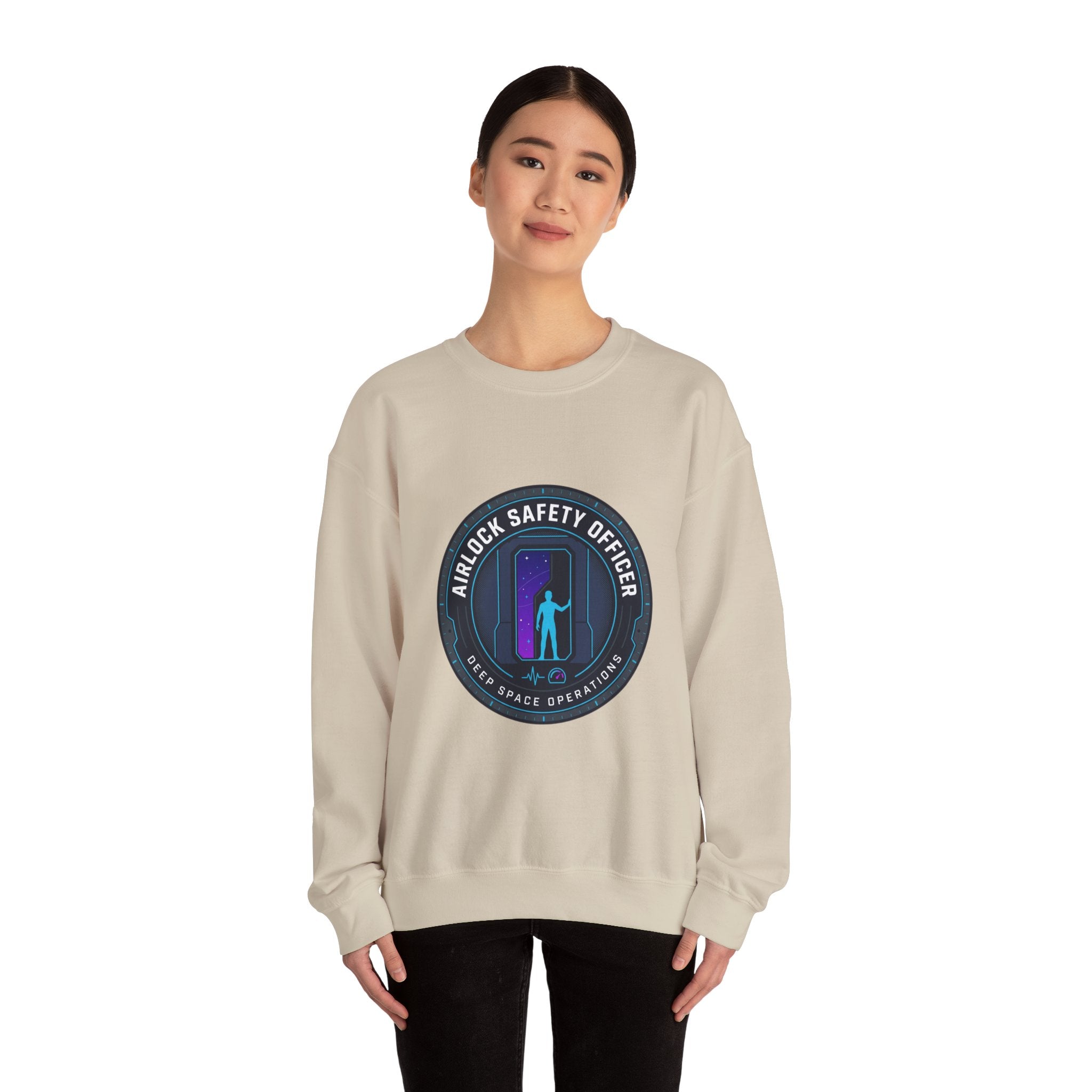 Airlock Safety Officer Crewneck Sweatshirt | hard sci‑fi mission patch, space survival fandom