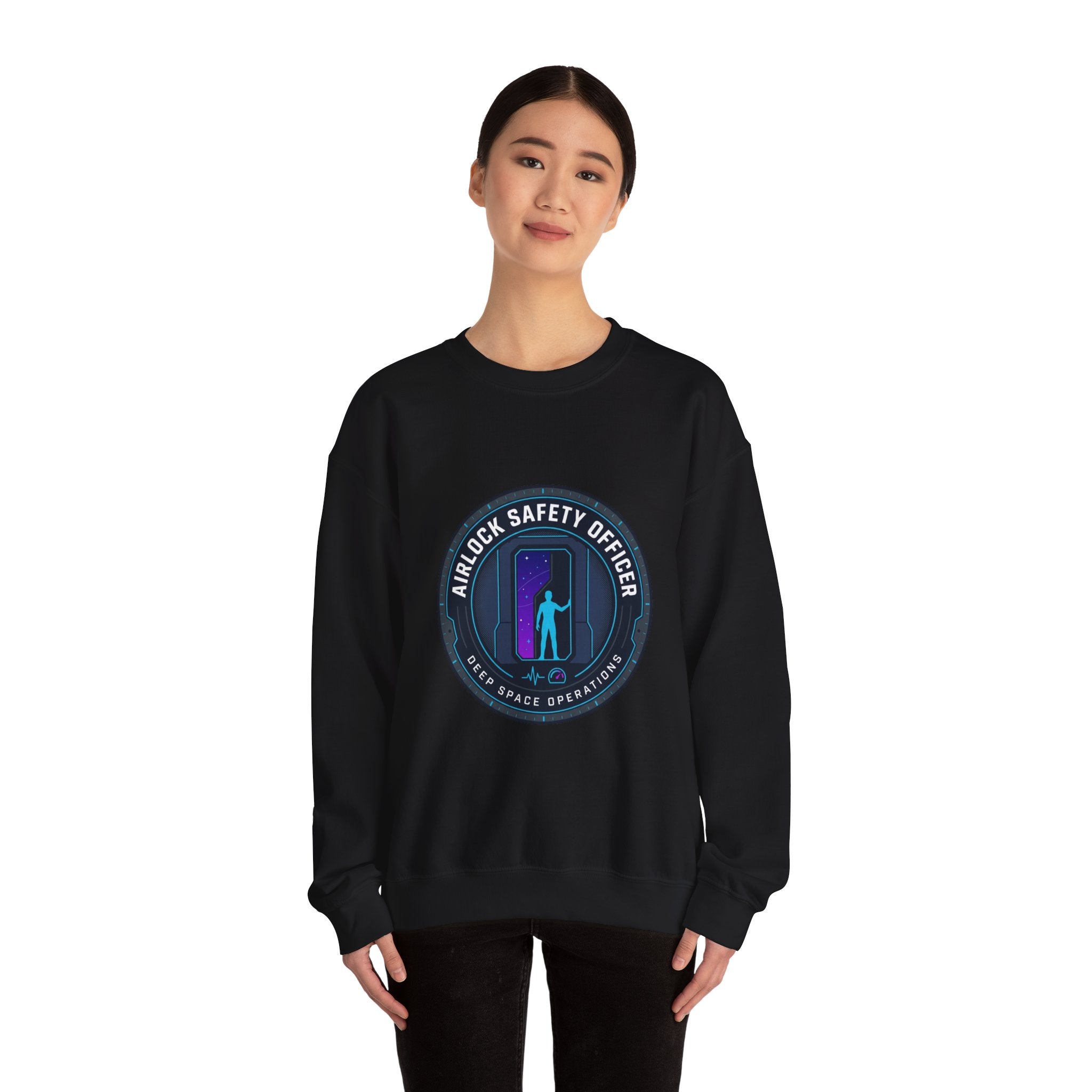 Airlock Safety Officer Crewneck Sweatshirt | hard sci‑fi mission patch, space survival fandom