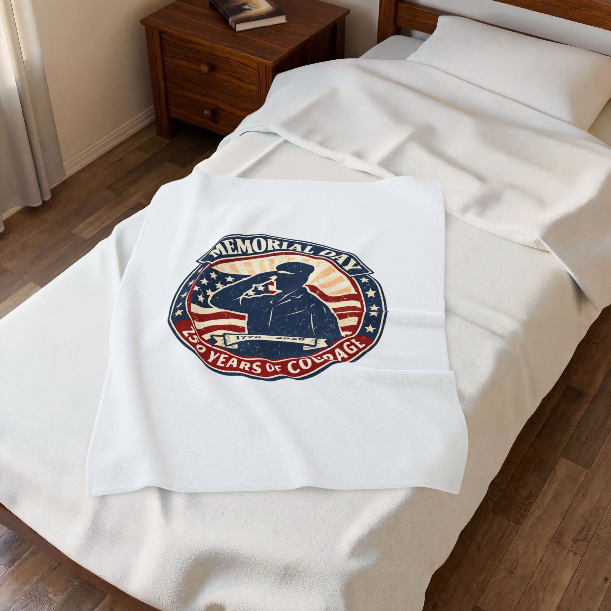 Memorial Day 1776–2026 Velveteen Plush Blanket | USA 250, vintage distressed red white blue