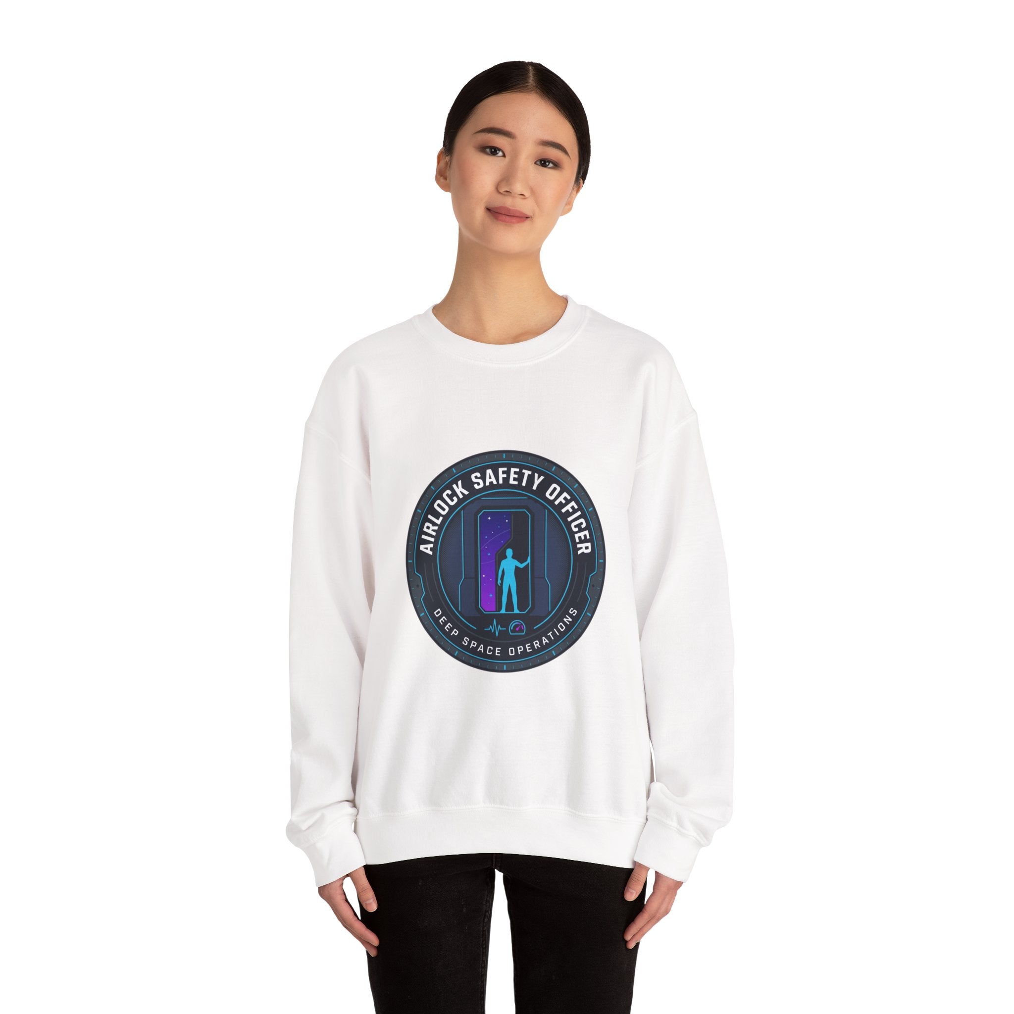 Airlock Safety Officer Crewneck Sweatshirt | hard sci‑fi mission patch, space survival fandom