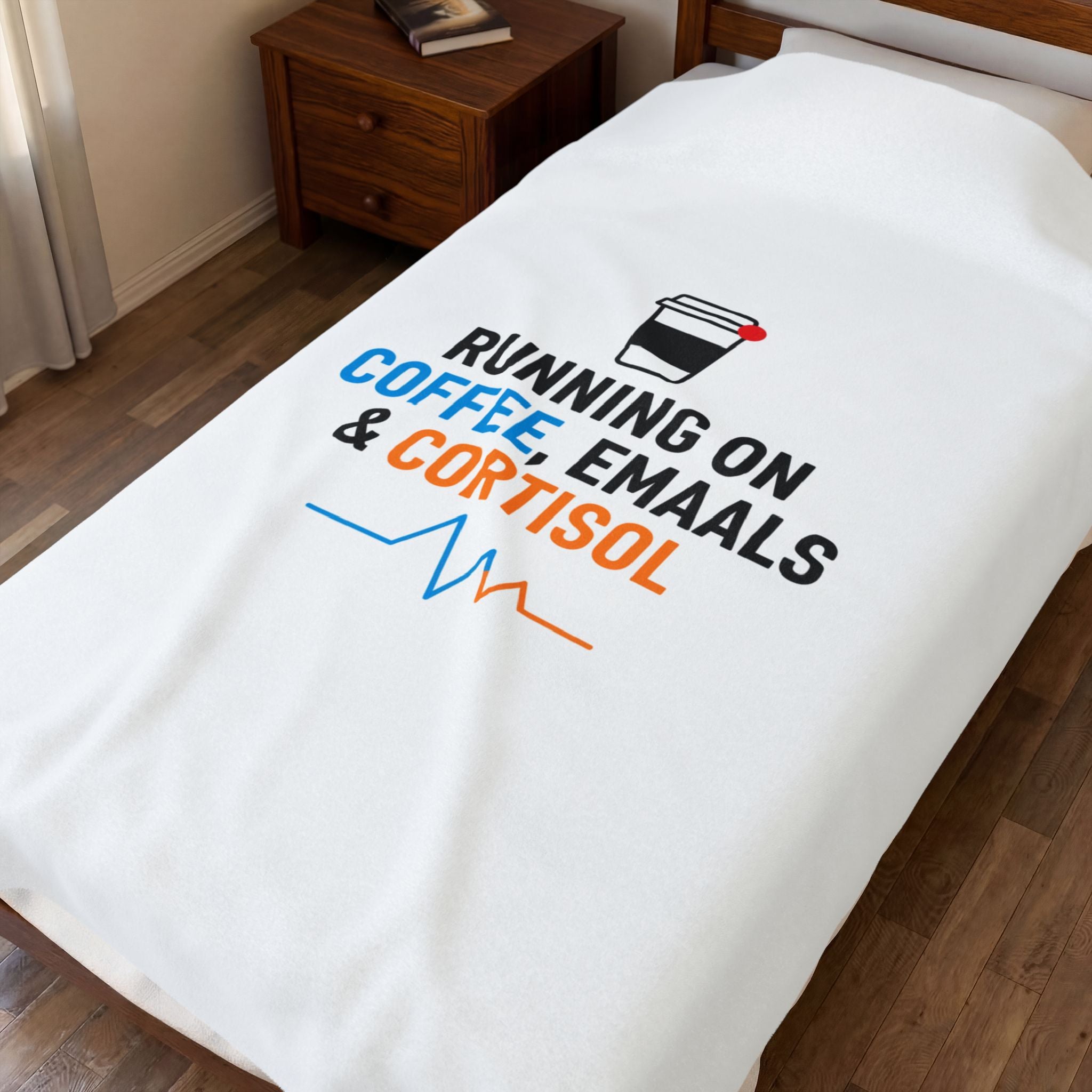 Running on Coffee, Emails & Cortisol Velveteen Blanket | Stress Meme, Burnout Humor