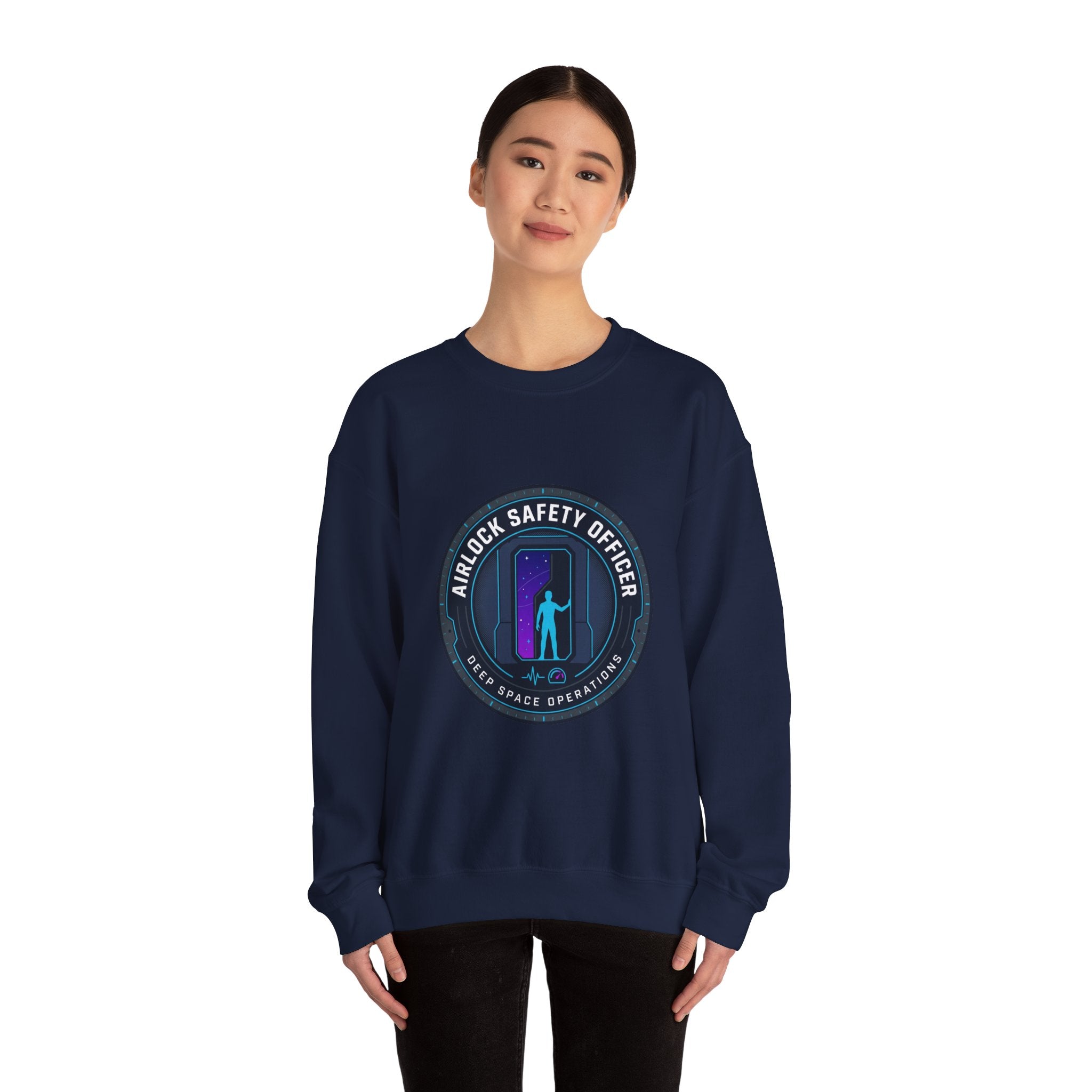 Airlock Safety Officer Crewneck Sweatshirt | hard sci‑fi mission patch, space survival fandom