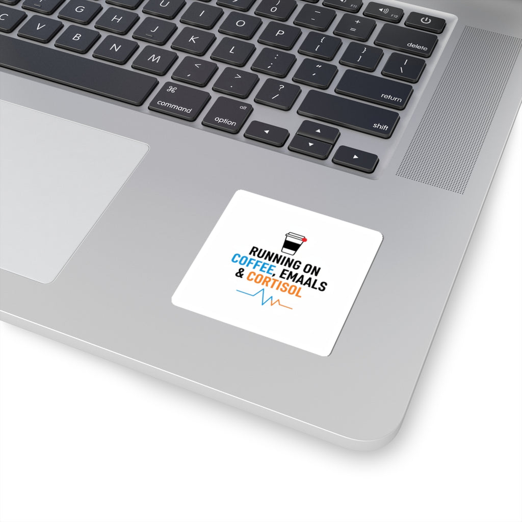 Running on Coffee, Emails & Cortisol Sticker | stress meme, burnout humor