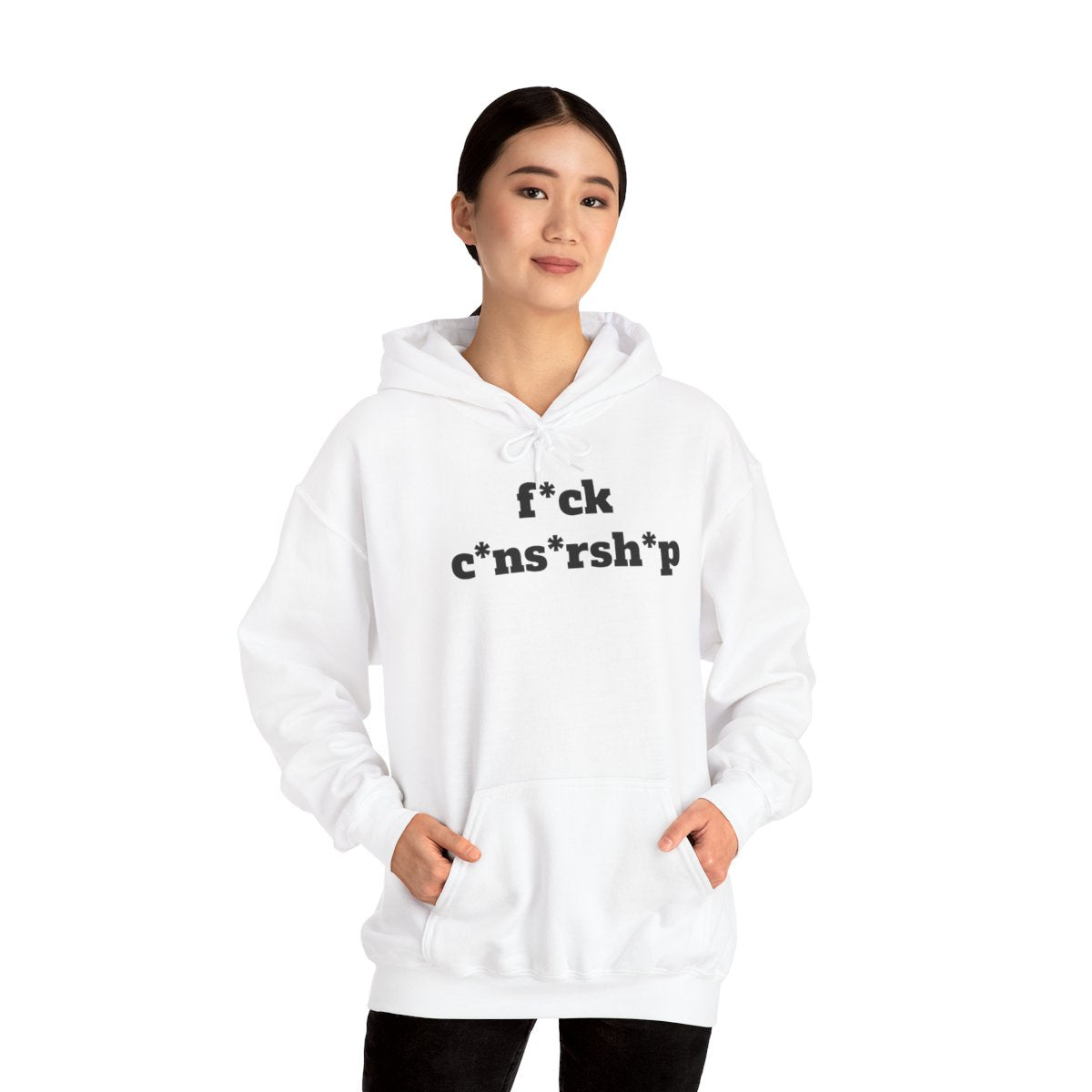 Person wearing a white hoodie with 'Urban Threads Co.' text on a white background